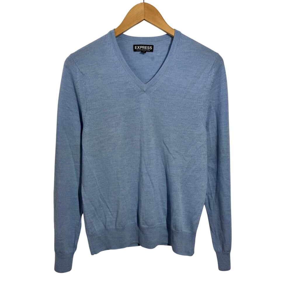 Express Merino Wool VNeck Sweater Men XS Women M Blue‎ Preppy Minimal Modest